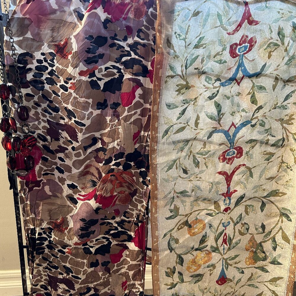 Nice Lot of (2) Silk Scarves The MET Museum Stained Glass Mosaic & Free Necklace